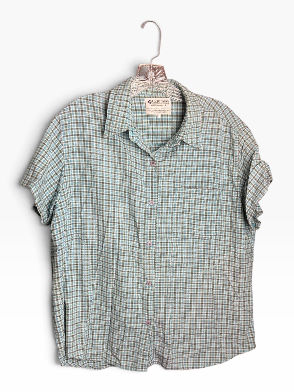Columbia Shirt Womens XLarge Green Plaid Travel Outdoor Hike Cabin Core Gorpcore